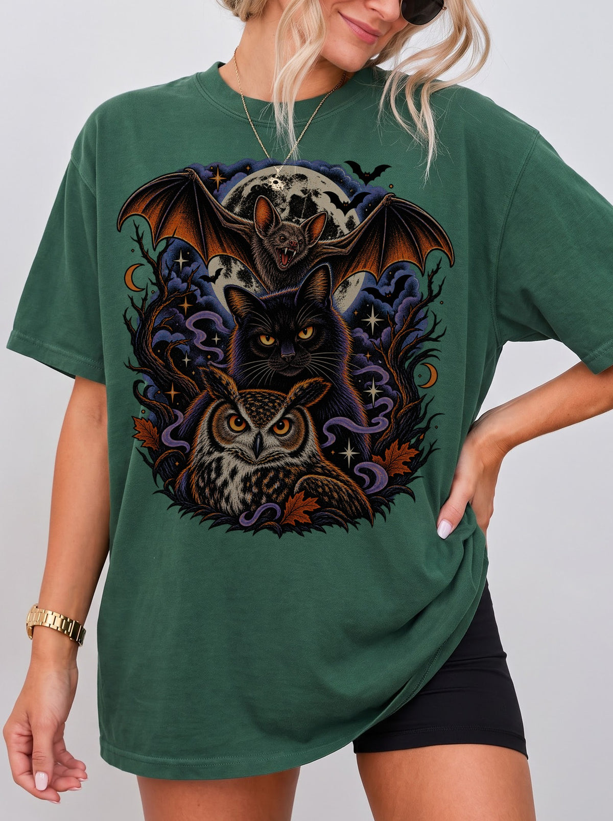Vampire Bat Black Cat Owl Moon Halloween T-Shirt, Three Wolf Moon Parody, Y2K Retro Gothic Outfit, Trendy Streetwear Graphic Tee