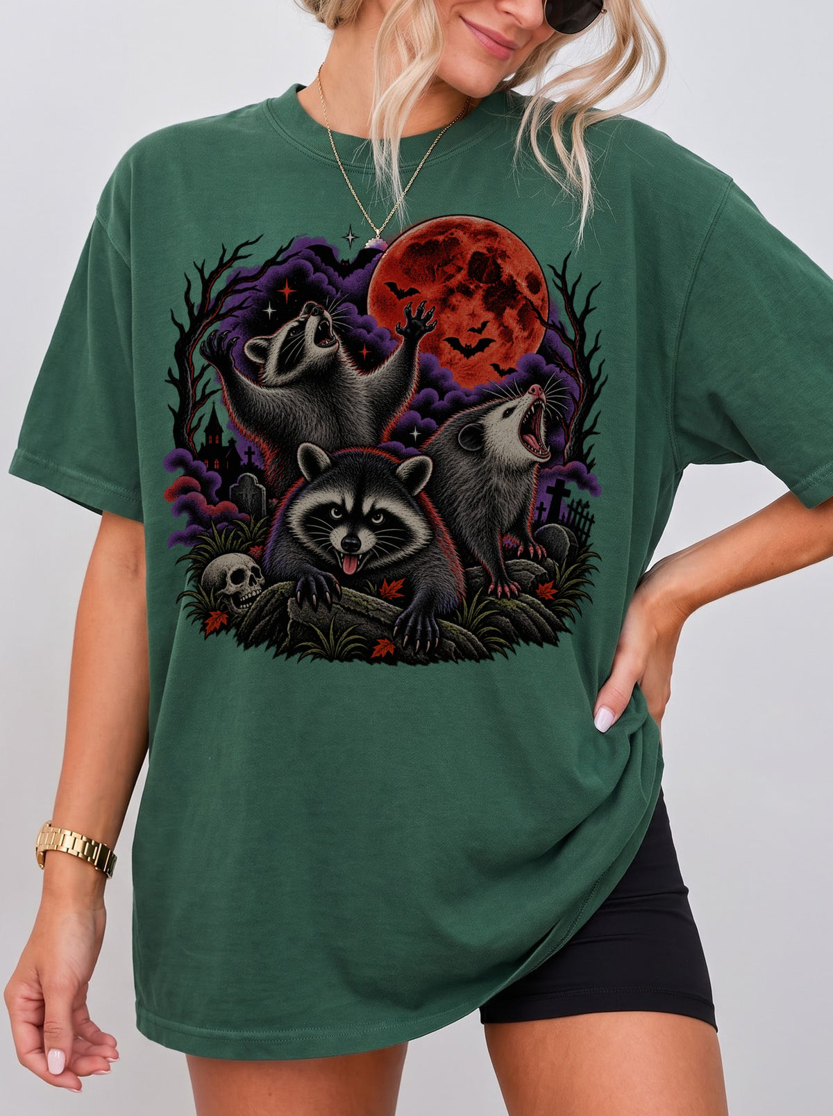Three Raccoons Blood Moon Halloween T-Shirt, Three Wolf Moon Parody, Y2K Retro Outfit Aesthetic, Trendy Streetwear Graphic Tee
