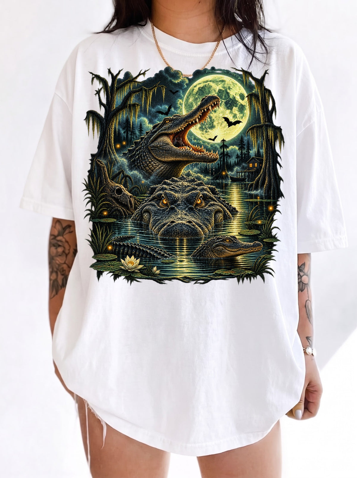 Moonlit Alligator Swamp Horror Halloween T-Shirt, Y2K Retro Graphic Tee, 90s Horror Streetwear, To The Moon