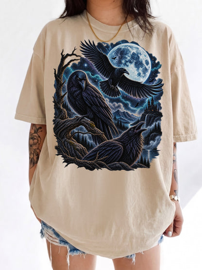 Moonlit Ravens Gothic Valley Halloween T-Shirt, Y2K Dark Graphic Tee, 90s Retro Gothic Streetwear, To The Moon