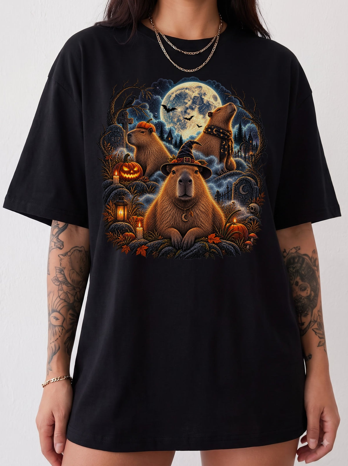 Moonlit Capybara Graveyard Halloween T-Shirt, Y2K Retro Animal Graphic Tee, 90s Spooky Streetwear, To The Moon