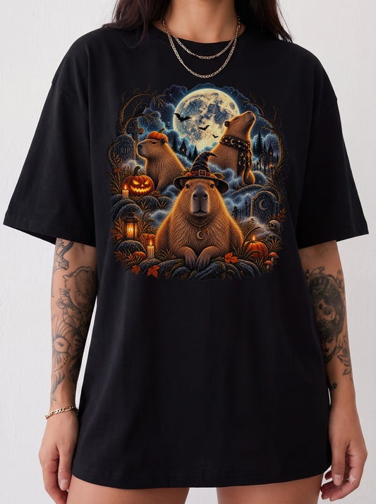 Moonlit Capybara Graveyard Halloween T-Shirt, Y2K Retro Animal Graphic Tee, 90s Spooky Streetwear, To The Moon