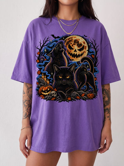 Black Cats Full Moon Halloween T-Shirt, Three Wolf Moon Parody, Y2K Retro Outfit Aesthetic, Trendy Streetwear Graphic Tee