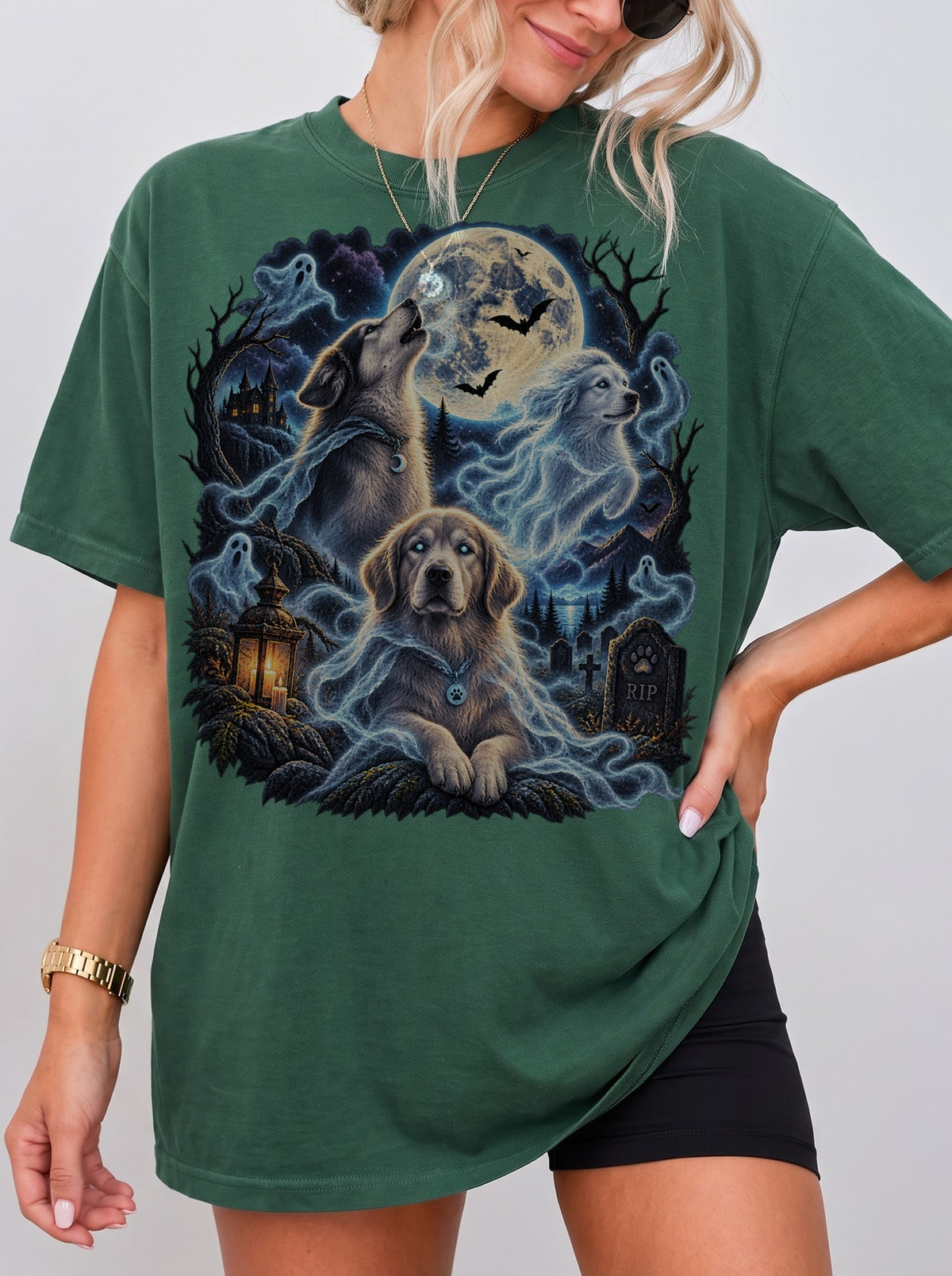Three Ghost Dogs Haunted Moon Halloween T-Shirt, Y2K Retro Graphic Tee, 90s Spooky Streetwear, To The Moon