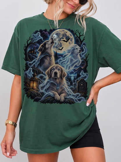 Three Ghost Dogs Haunted Moon Halloween T-Shirt, Y2K Retro Graphic Tee, 90s Spooky Streetwear, To The Moon