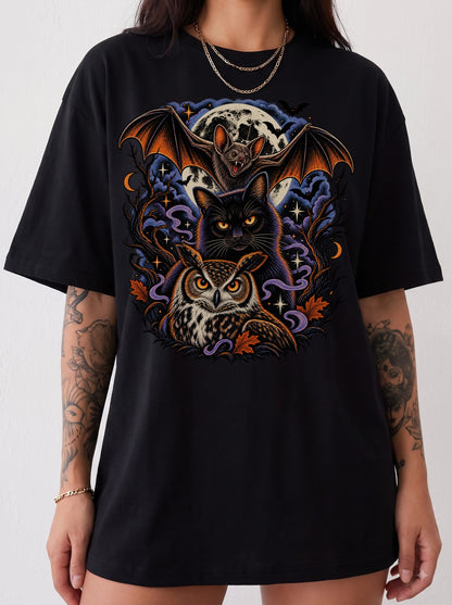 Vampire Bat Black Cat Owl Moon Halloween T-Shirt, Three Wolf Moon Parody, Y2K Retro Gothic Outfit, Trendy Streetwear Graphic Tee