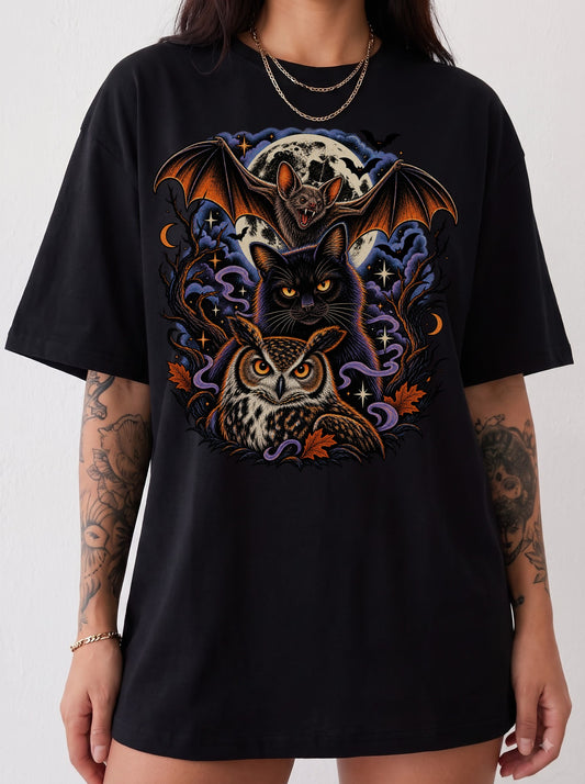 Vampire Bat Black Cat Owl Moon Halloween T-Shirt, Three Wolf Moon Parody, Y2K Retro Gothic Outfit, Trendy Streetwear Graphic Tee