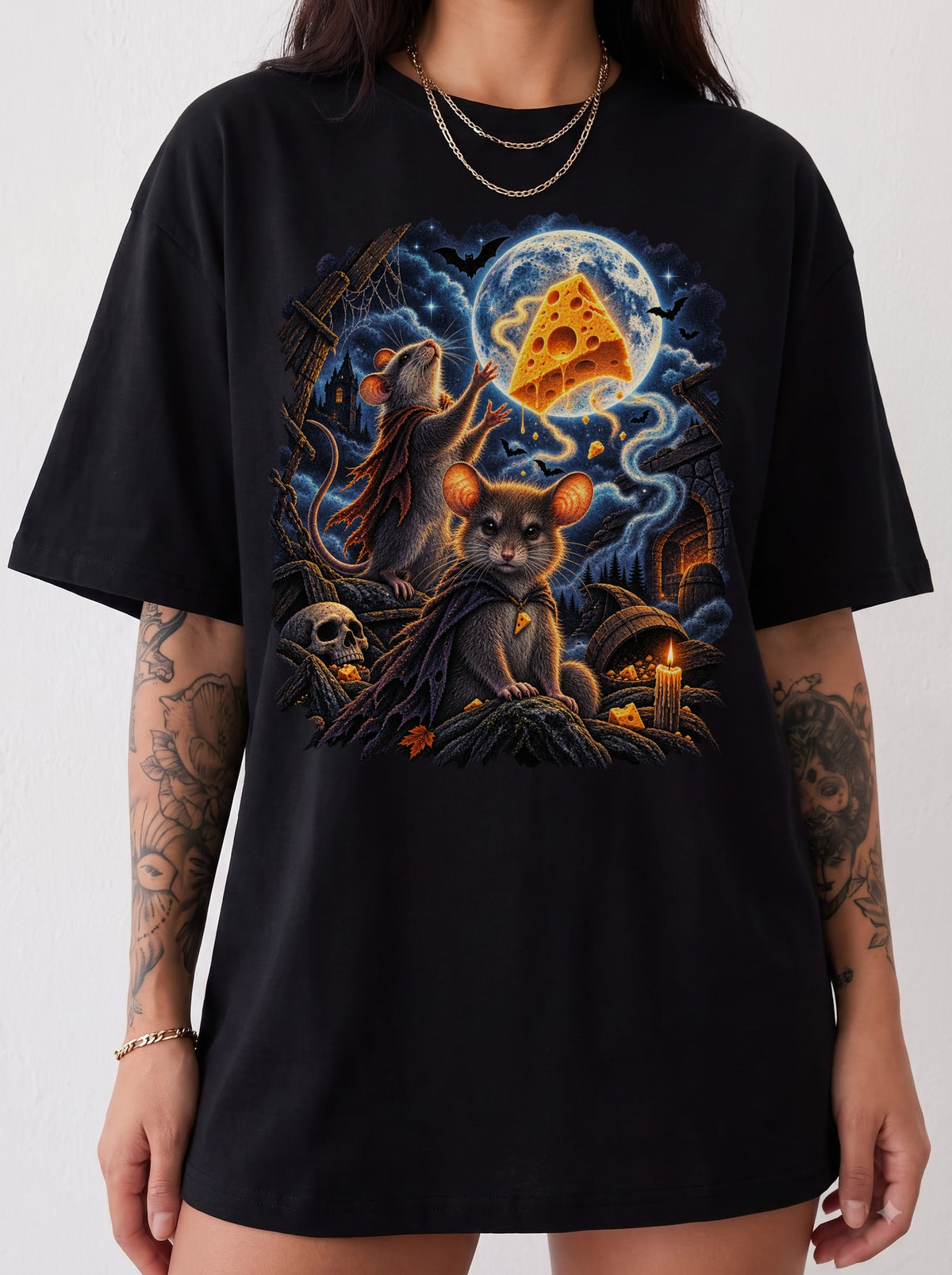 Moonlit Mice Haunted Cheese Halloween T-Shirt, Y2K Retro Funny Graphic Tee, 90s Animal Streetwear, To The Moon