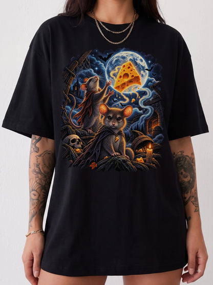 Moonlit Mice Haunted Cheese Halloween T-Shirt, Y2K Retro Funny Graphic Tee, 90s Animal Streetwear, To The Moon