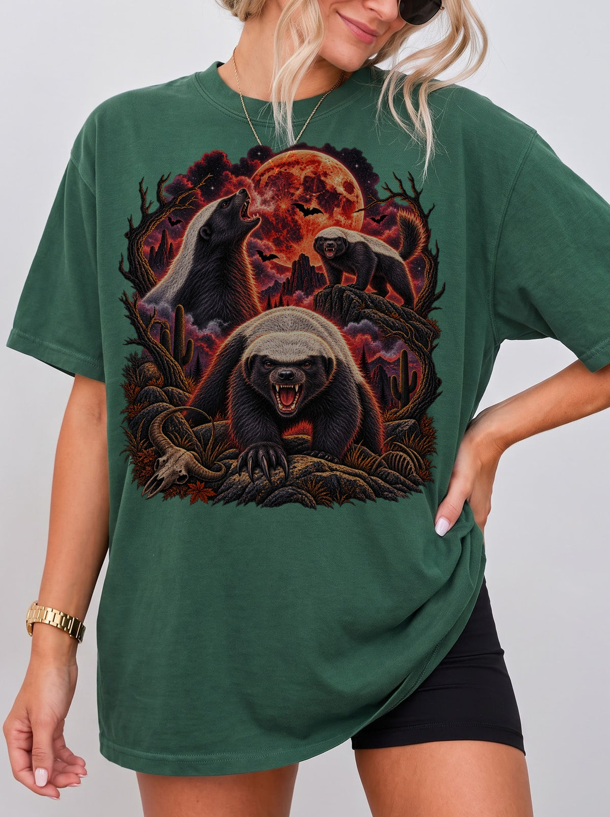Blood Moon Honey Badger Trio Halloween T-Shirt, Y2K Retro Animal Graphic Tee, 90s Spooky Streetwear, To The Moon