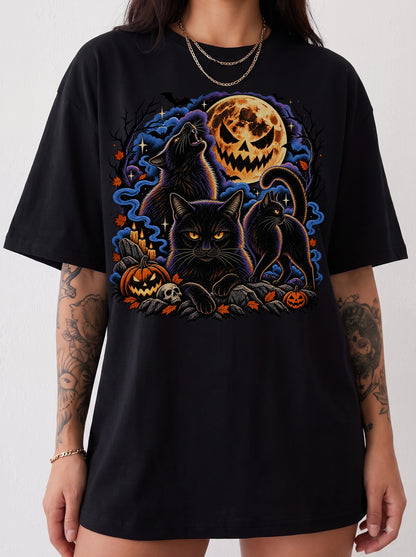 Black Cats Full Moon Halloween T-Shirt, Three Wolf Moon Parody, Y2K Retro Outfit Aesthetic, Trendy Streetwear Graphic Tee