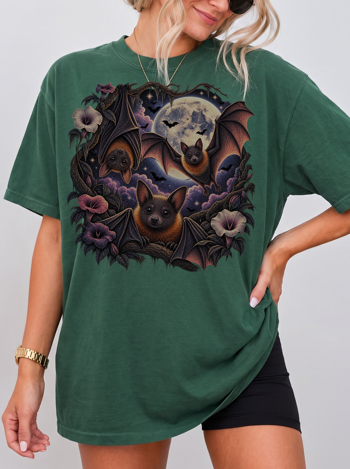 Moonlit Bats Twisted Blooms Halloween T-Shirt, Y2K Gothic Graphic Tee, 90s Retro Streetwear, To The Moon