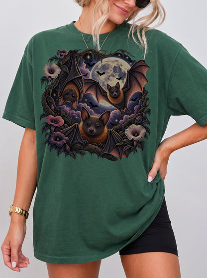 Moonlit Bats Twisted Blooms Halloween T-Shirt, Y2K Gothic Graphic Tee, 90s Retro Streetwear, To The Moon