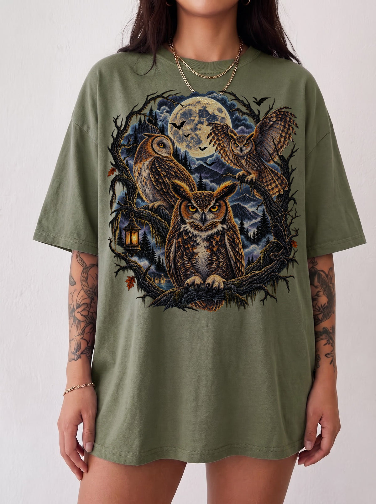 Gothic Moonlit Owl Trio Halloween T-Shirt, Y2K Witchy Graphic Tee, 90s Retro Gothic Streetwear, To The Moon