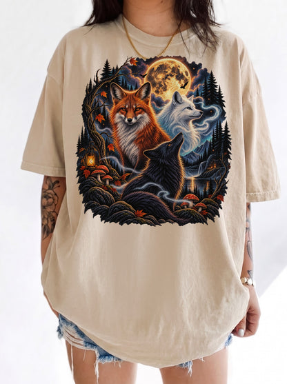 Moonlit Foxes Enchanted Forest Halloween T-Shirt, Y2K Retro Animal Graphic Tee, 90s Gothic Streetwear, To The Moon