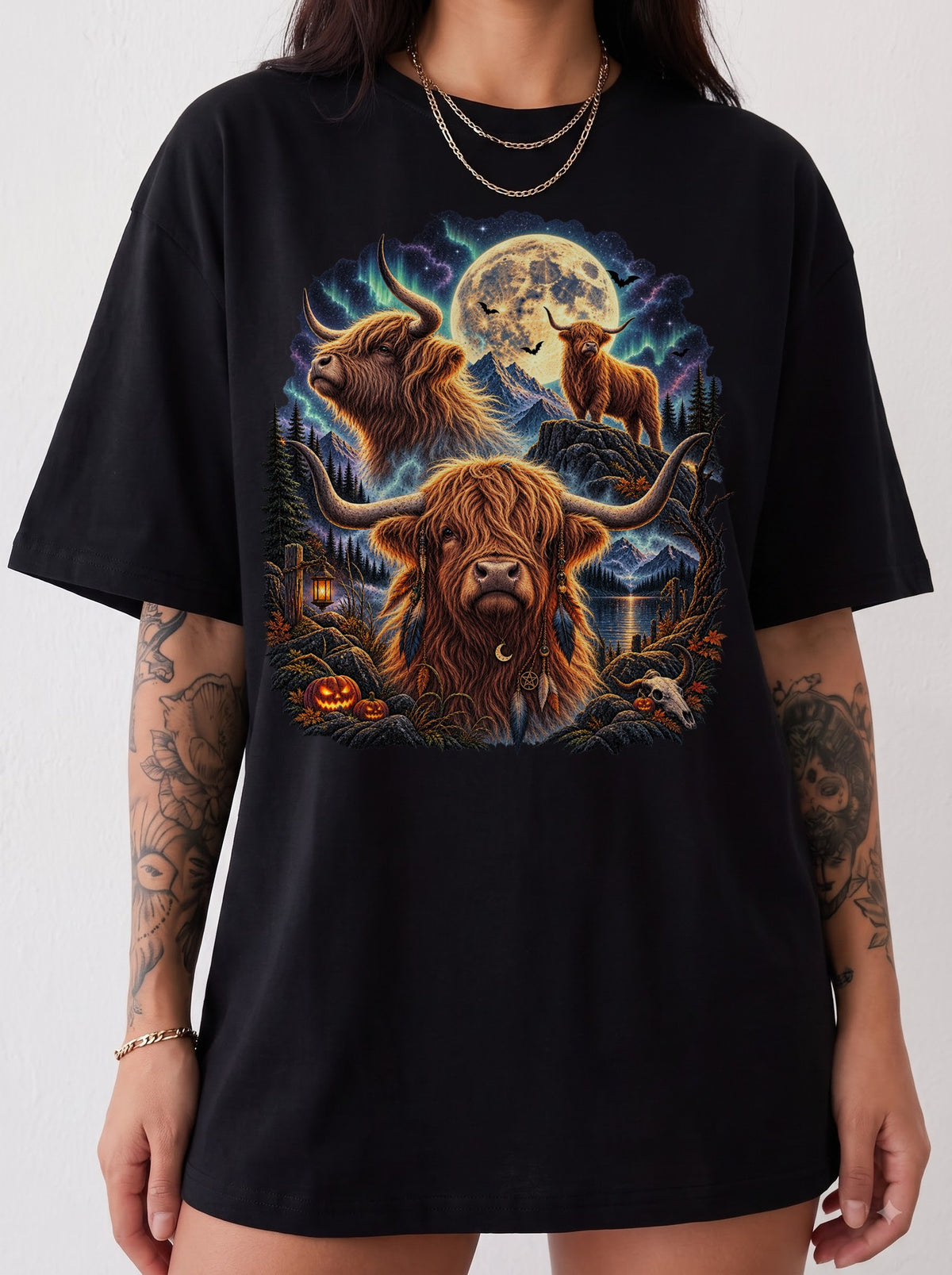 Mystical Highland Cattle Moon Halloween T-Shirt, Y2K Retro Animal Graphic Tee, 90s Gothic Streetwear, To The Moon
