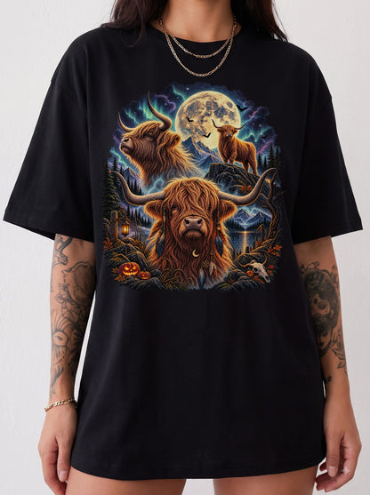 Mystical Highland Cattle Moon Halloween T-Shirt, Y2K Retro Animal Graphic Tee, 90s Gothic Streetwear, To The Moon