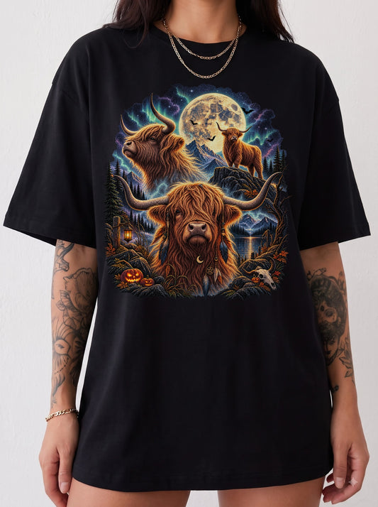 Mystical Highland Cattle Moon Halloween T-Shirt, Y2K Retro Animal Graphic Tee, 90s Gothic Streetwear, To The Moon