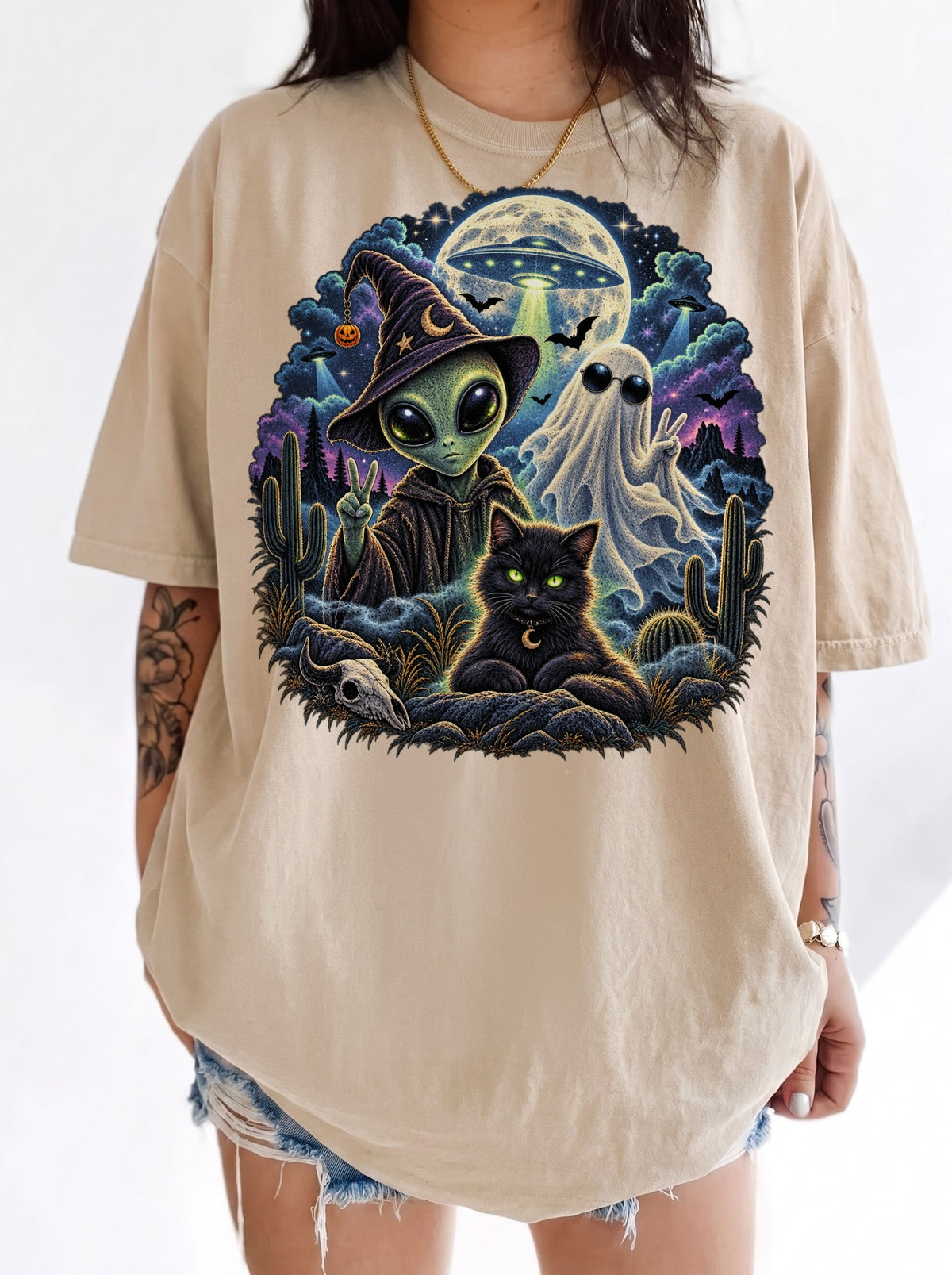Cosmic Halloween Nightscape T-Shirt, Y2K Retro Graphic Tee, 90s Spooky Aesthetic, To The Moon