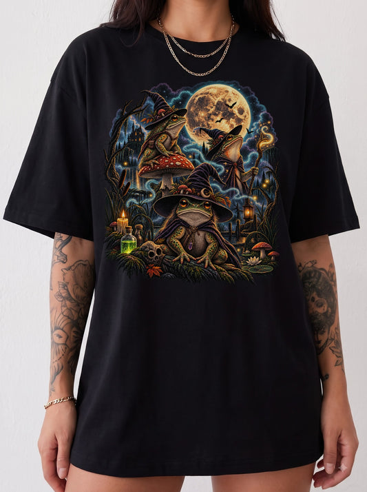 Enchanted Swamp Frog Coven Halloween T-Shirt, Y2K Witchy Graphic Tee, 90s Retro Spooky Streetwear, To The Moon