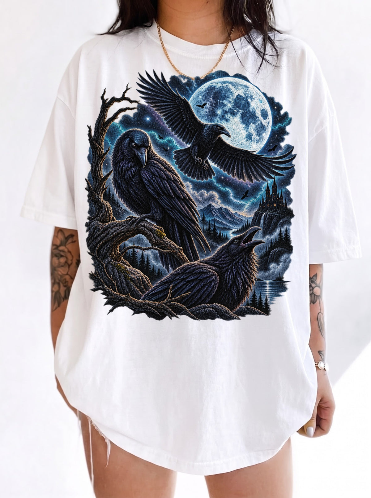 Moonlit Ravens Gothic Valley Halloween T-Shirt, Y2K Dark Graphic Tee, 90s Retro Gothic Streetwear, To The Moon