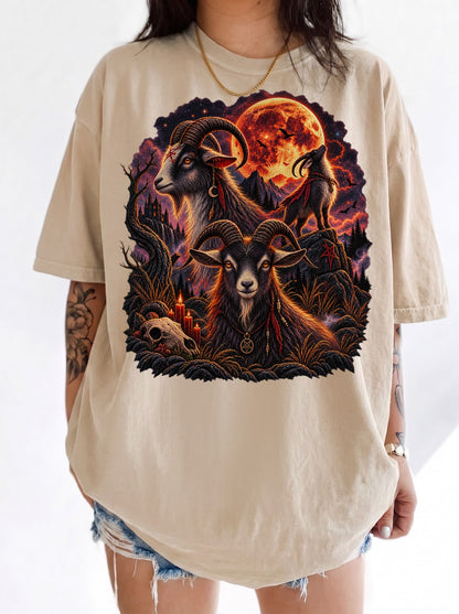 Occult Goats Blood Moon Halloween T-Shirt, Y2K Gothic Graphic Tee, 90s Retro Occult Streetwear, To The Moon