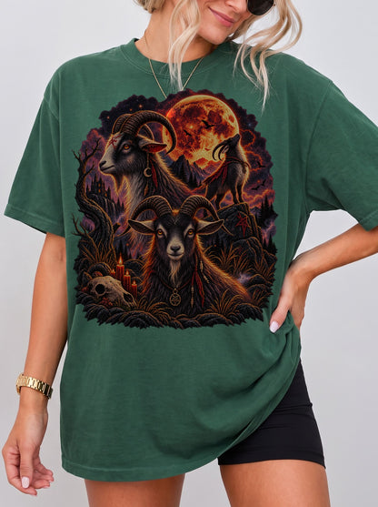 Occult Goats Blood Moon Halloween T-Shirt, Y2K Gothic Graphic Tee, 90s Retro Occult Streetwear, To The Moon