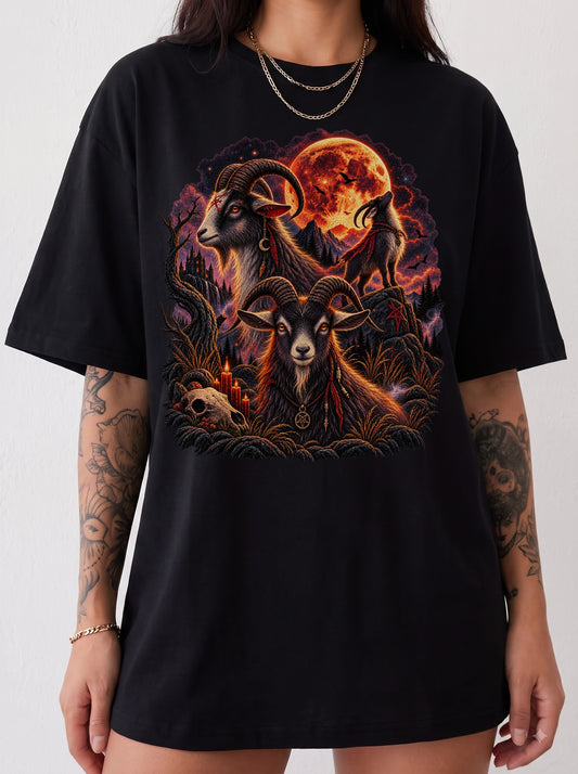 Occult Goats Blood Moon Halloween T-Shirt, Y2K Gothic Graphic Tee, 90s Retro Occult Streetwear, To The Moon