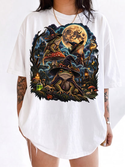 Enchanted Swamp Frog Coven Halloween T-Shirt, Y2K Witchy Graphic Tee, 90s Retro Spooky Streetwear, To The Moon