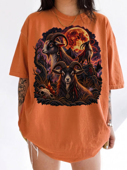 Occult Goats Blood Moon Halloween T-Shirt, Y2K Gothic Graphic Tee, 90s Retro Occult Streetwear, To The Moon