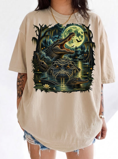 Moonlit Alligator Swamp Horror Halloween T-Shirt, Y2K Retro Graphic Tee, 90s Horror Streetwear, To The Moon