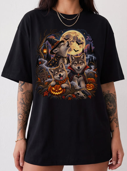 Moonlit Halloween Wolf Pup Trio T-Shirt, Y2K Retro Animal Graphic Tee, 90s Spooky Streetwear, To The Moon