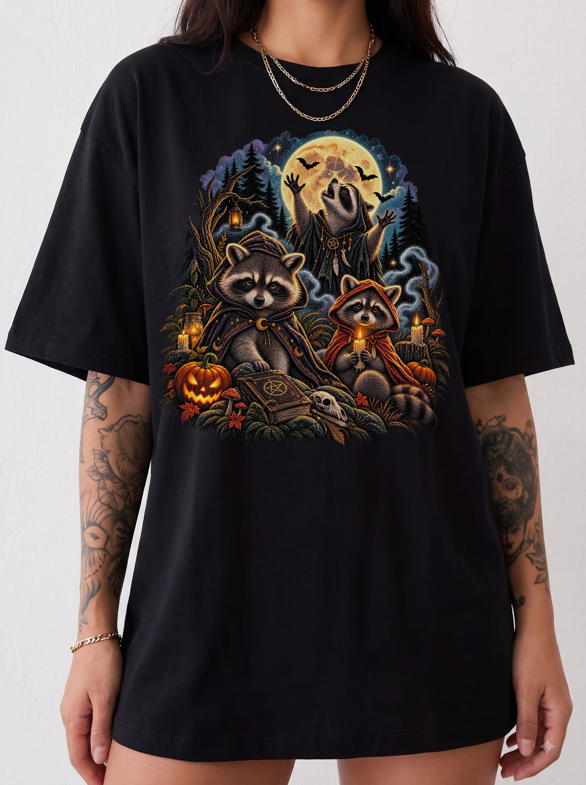 Moonlit Raccoon Ritual Halloween T-Shirt, Y2K Retro Graphic Tee, 90s Gothic Streetwear, To The Moon