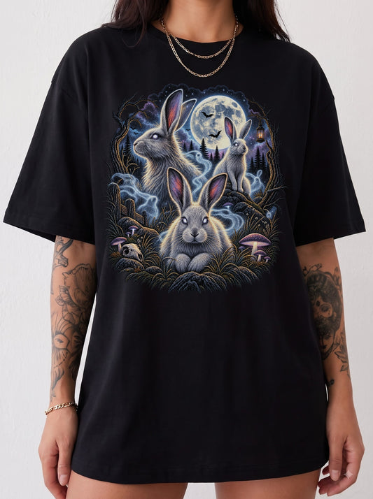 Moonlit Spectral Rabbit Forest Halloween T-Shirt, Y2K Gothic Graphic Tee, 90s Retro Spooky Aesthetic, To The Moon