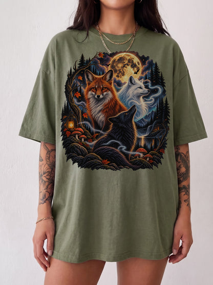 Moonlit Foxes Enchanted Forest Halloween T-Shirt, Y2K Retro Animal Graphic Tee, 90s Gothic Streetwear, To The Moon